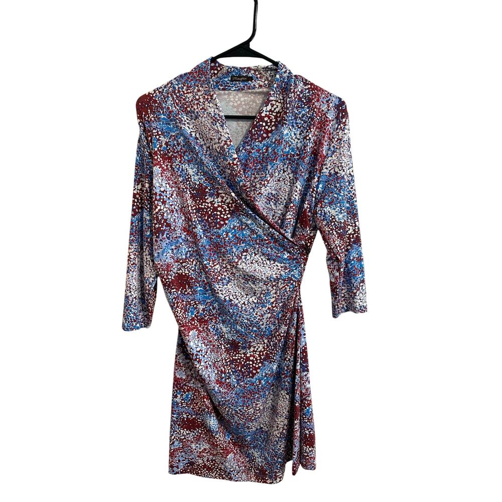 J.McLaughlin Catalina Faux Wrap Maxi Dress Red Blue Sz L 3/4 Sleeve Nice!